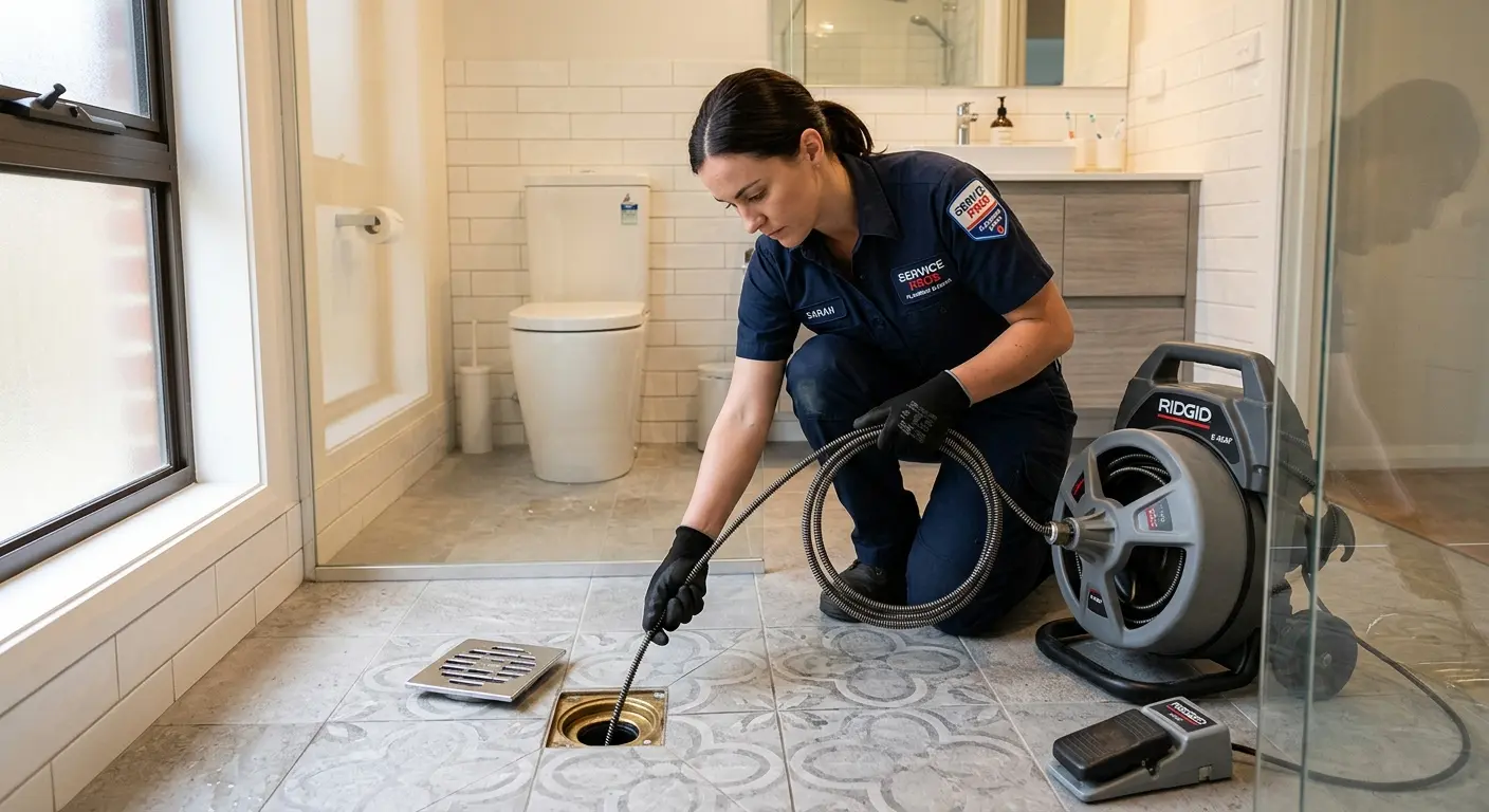 Technician clearing a bathroom floor drain for Sewer Line Replacement in Cherry Hill